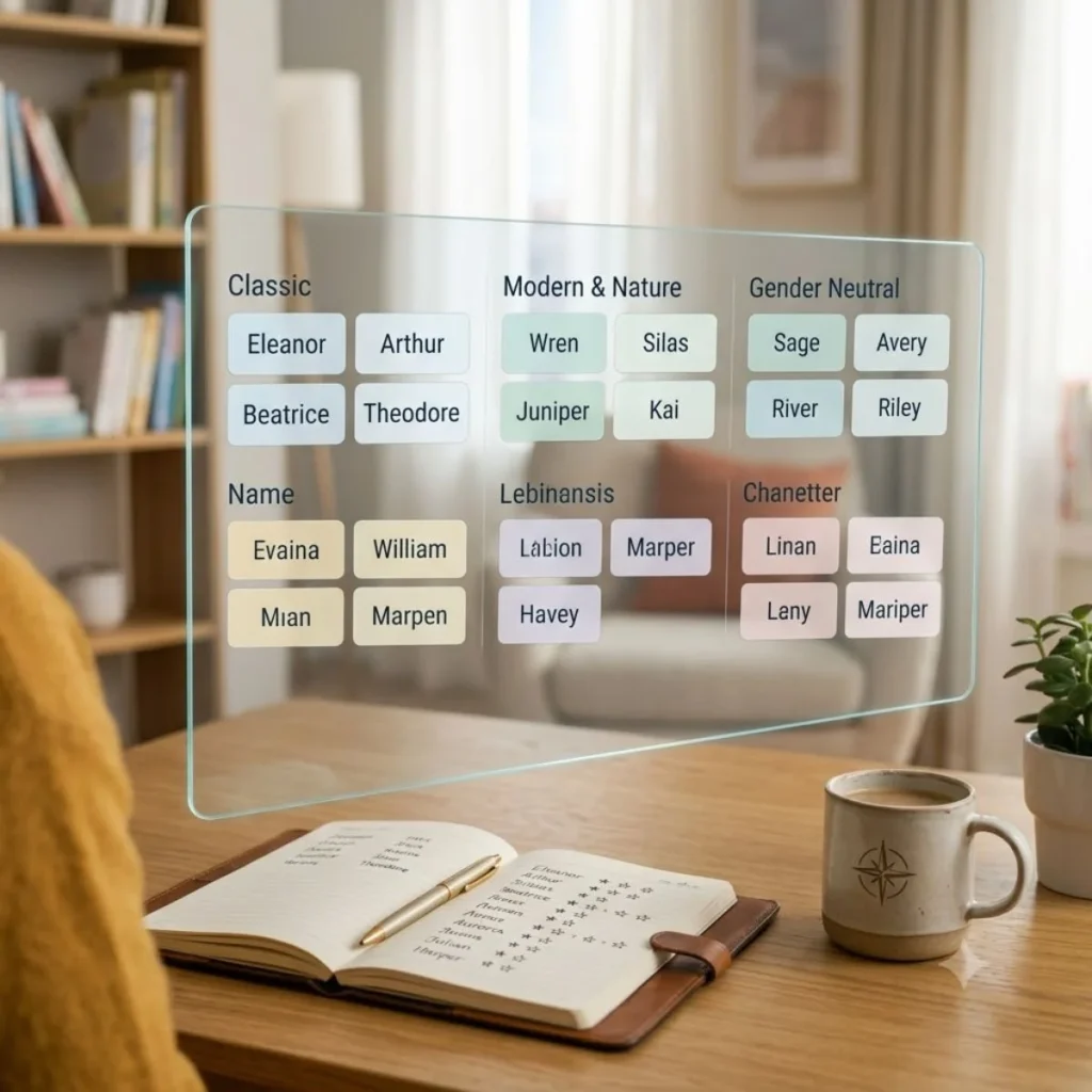 Categorized lists of classic and modern names displayed on a clear screen over a notebook and coffee mug on a desk