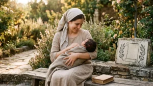 A woman in biblical attire lovingly cradles a sleeping newborn baby on a wooden bench in a garden.