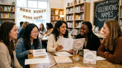 Diverse group of women smiling around a table discussing beautiful female names with meanings from open notebooks.