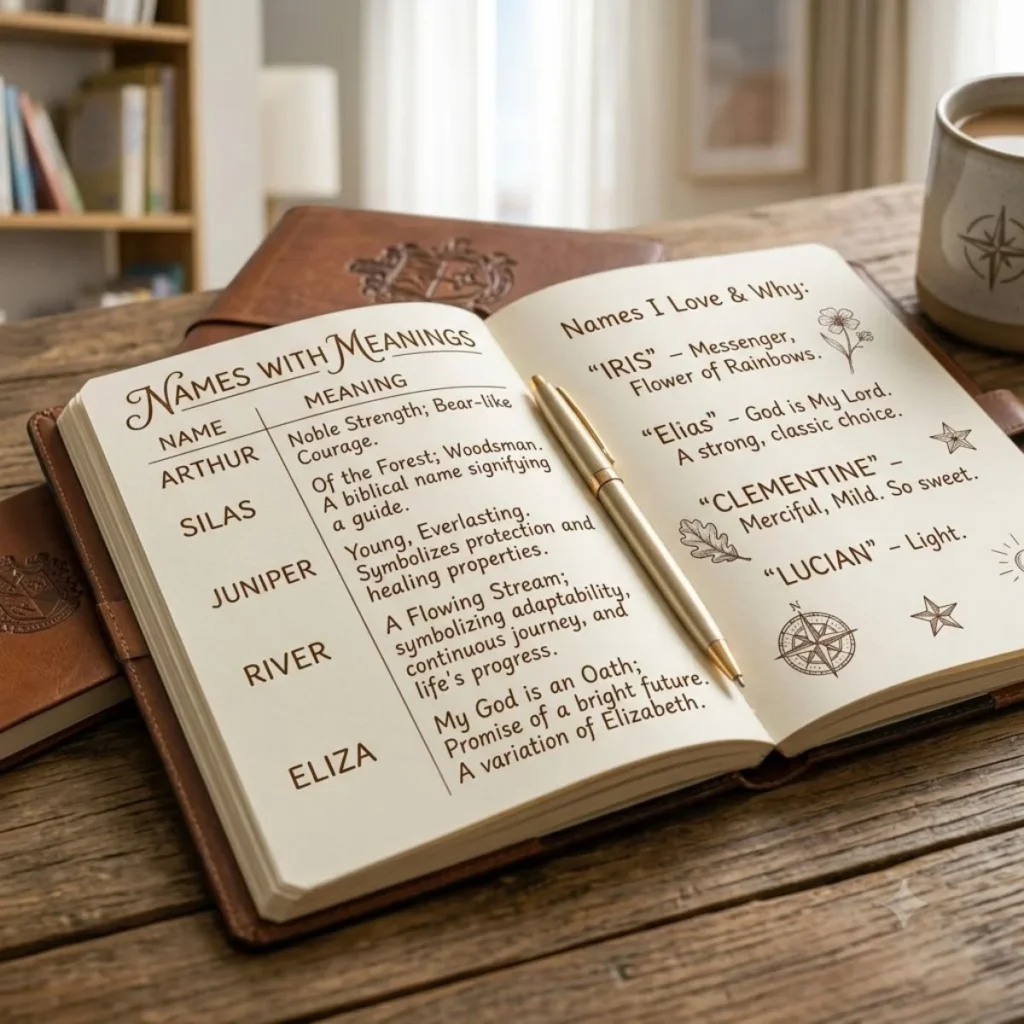 Open leather journal displaying a list of handwritten names along with their meanings and origins on a wooden desk