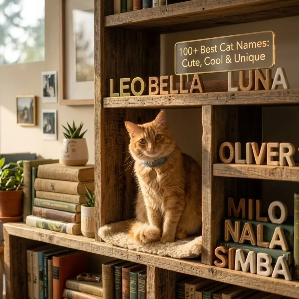 Ginger cat sitting inside a wooden bookshelf surrounded by wooden letter blocks displaying popular cat names.
