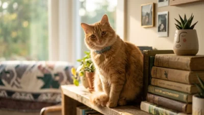Fluffy orange tabby cat sitting on a rustic shelf next to vintage books in warm morning light.