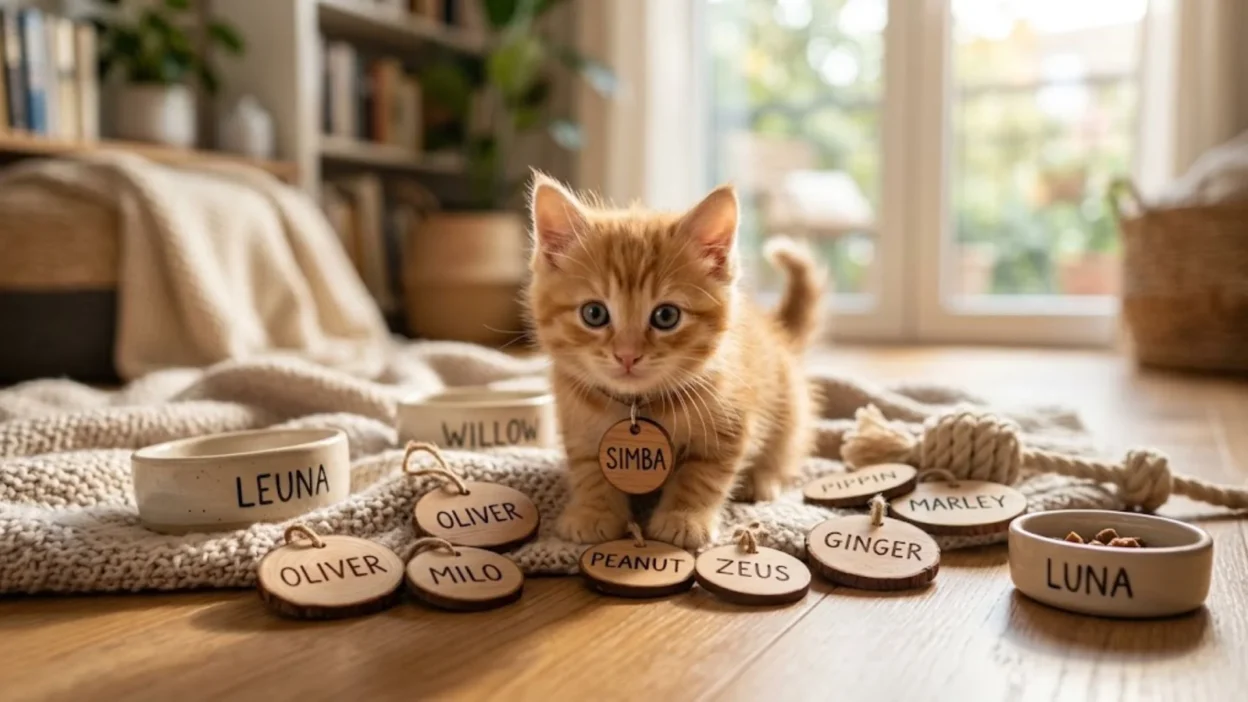 Fluffy ginger kitten sitting on a blanket surrounded by engraved wooden name tags and ceramic food bowls
