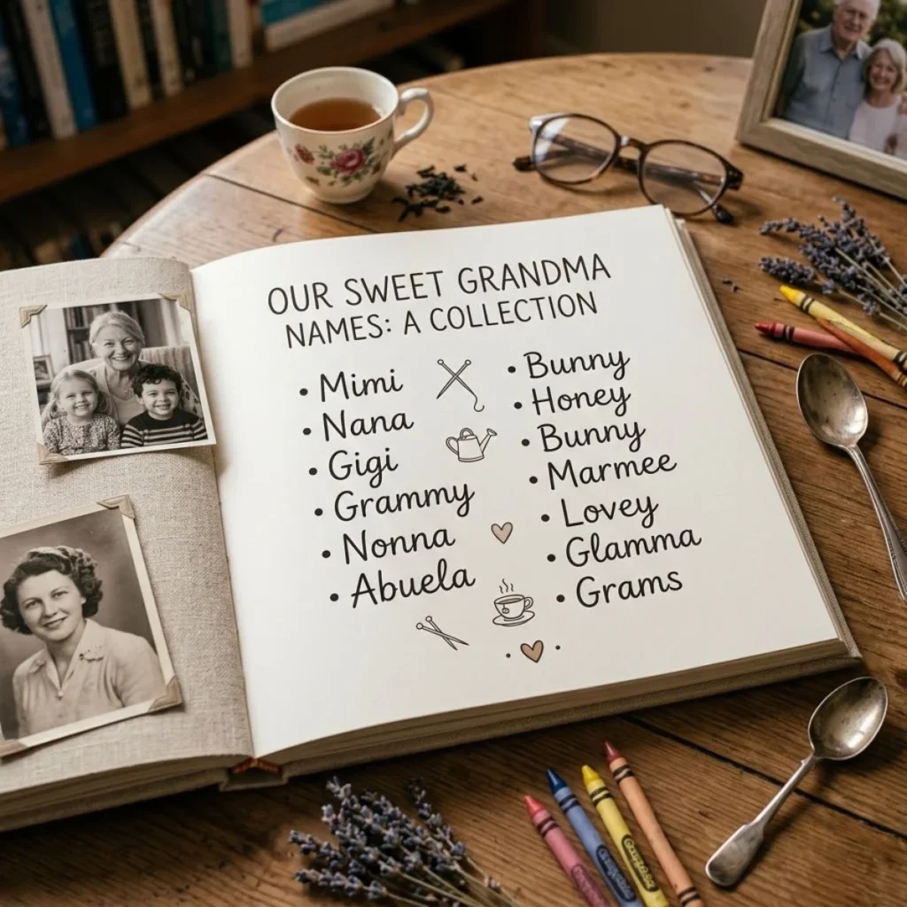 Open scrapbook on a wooden table displaying a list of sweet grandma names next to vintage family photos.