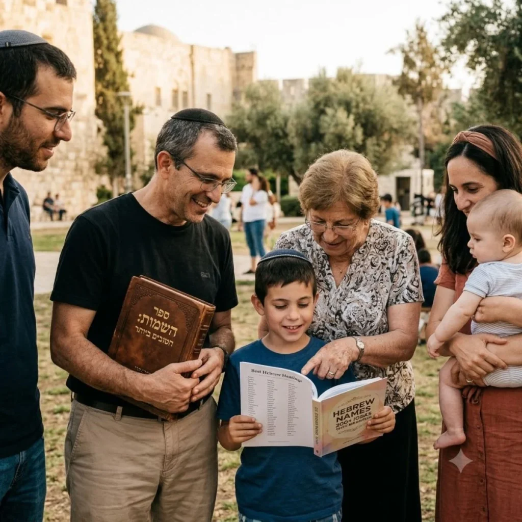 A family outdoors looking at a book titled Hebrew Names with an older woman pointing at the page.