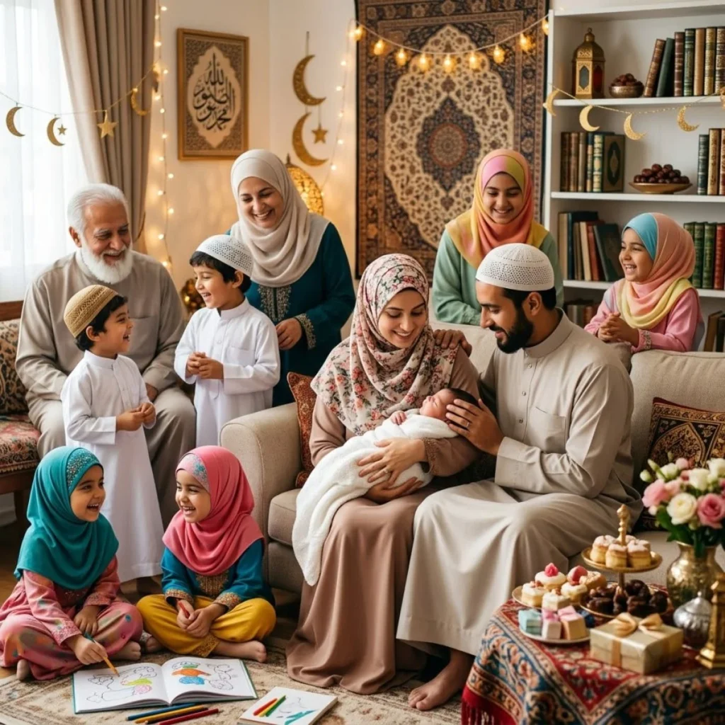Happy multigenerational Muslim family gathered around parents holding a sleeping newborn baby