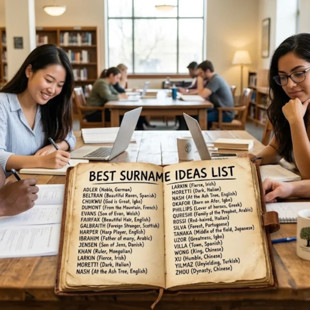 Diverse group of university students studying around an open vintage book of surname ideas in a library