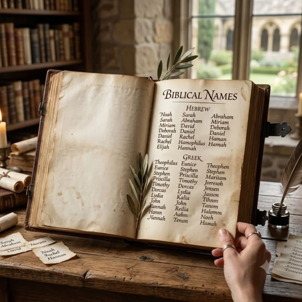 An open antique book displaying Hebrew and Greek biblical names on a wooden desk with an inkwell and feather quill.