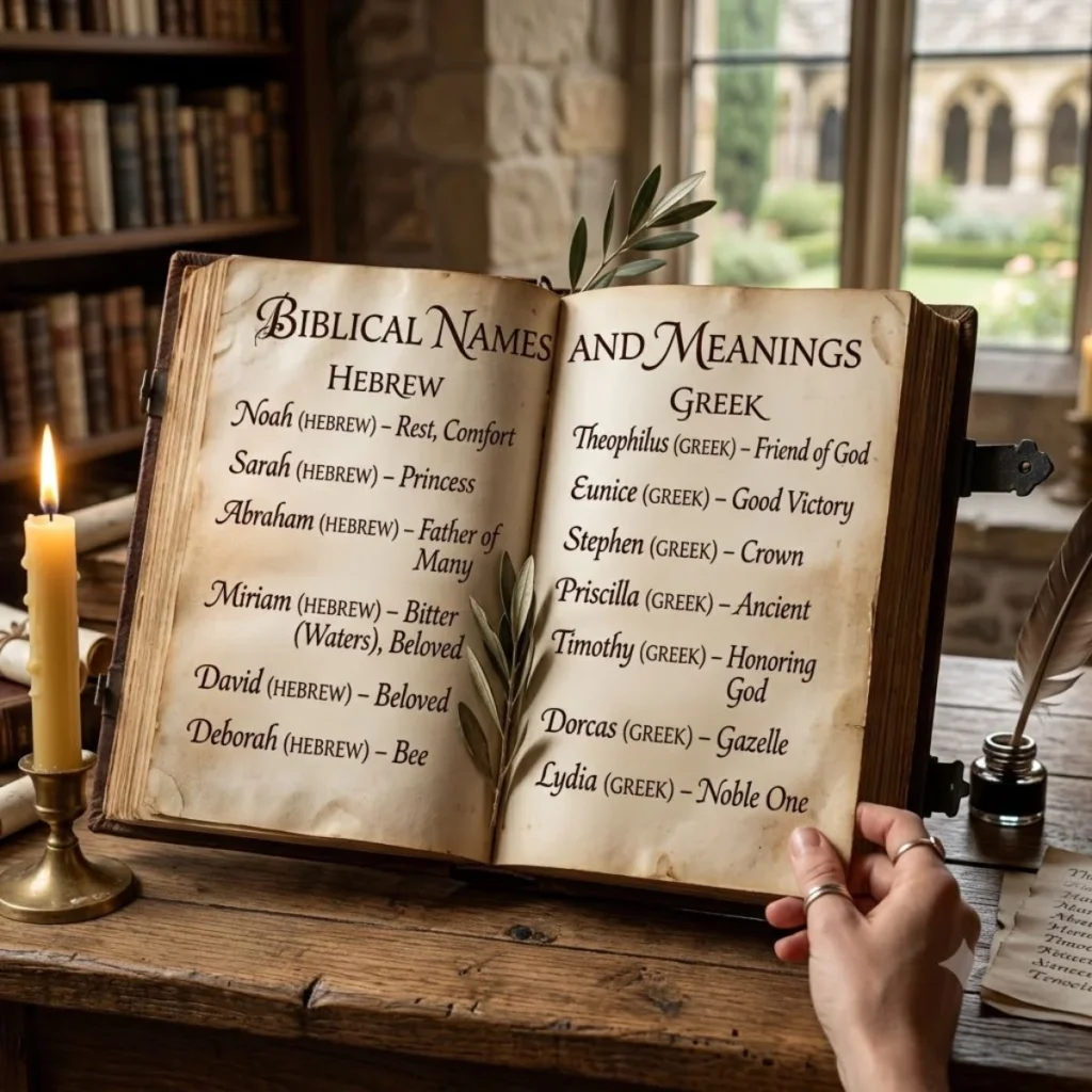 An open antique book detailing biblical names and meanings in Hebrew and Greek on a rustic desk lit by a candle.