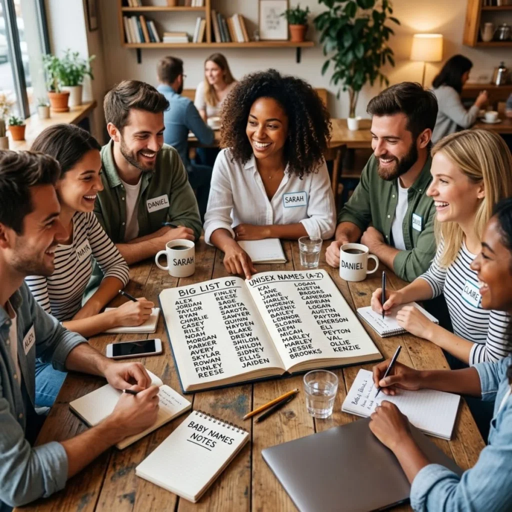 Smiling friends seated around a wooden cafe table looking at an open book with a big list of unisex names.