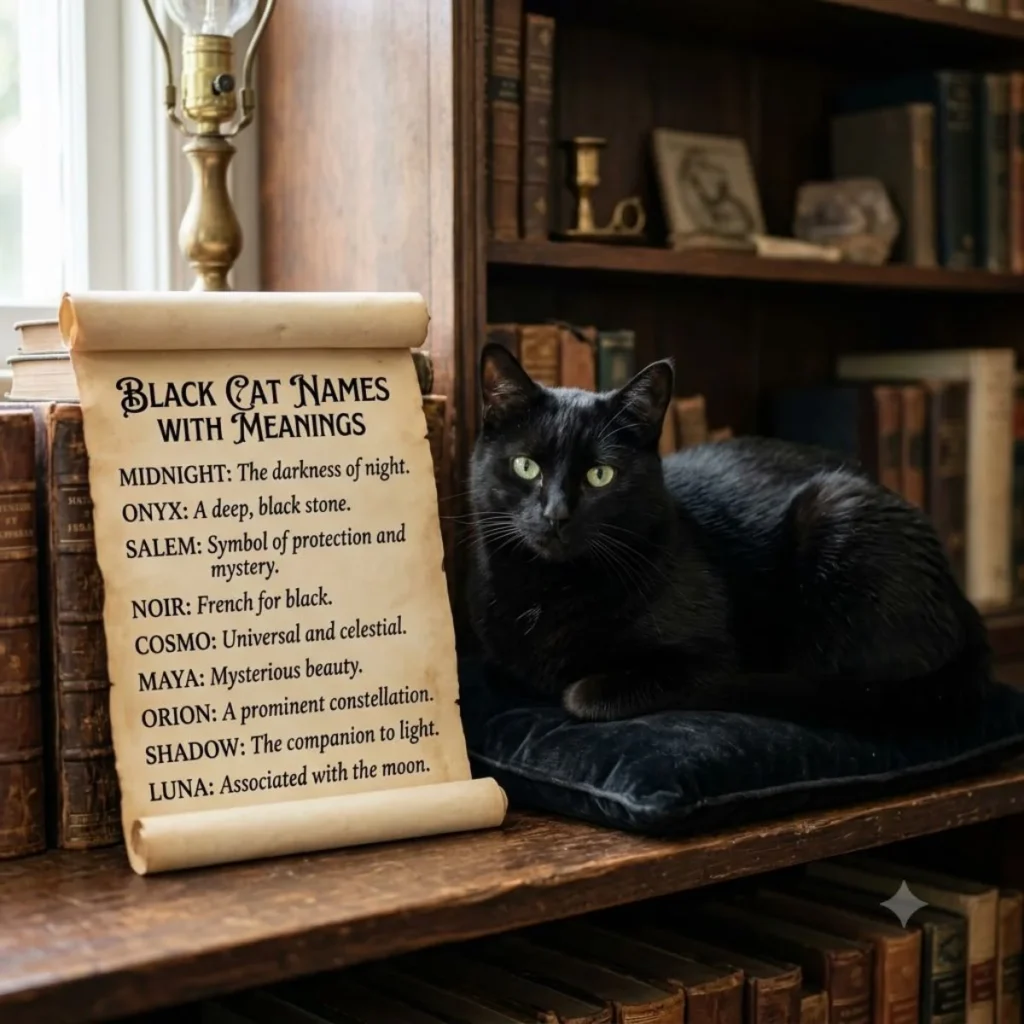 A sleek black cat lying on a cushion beside a scroll listing black cat names and their meanings.
