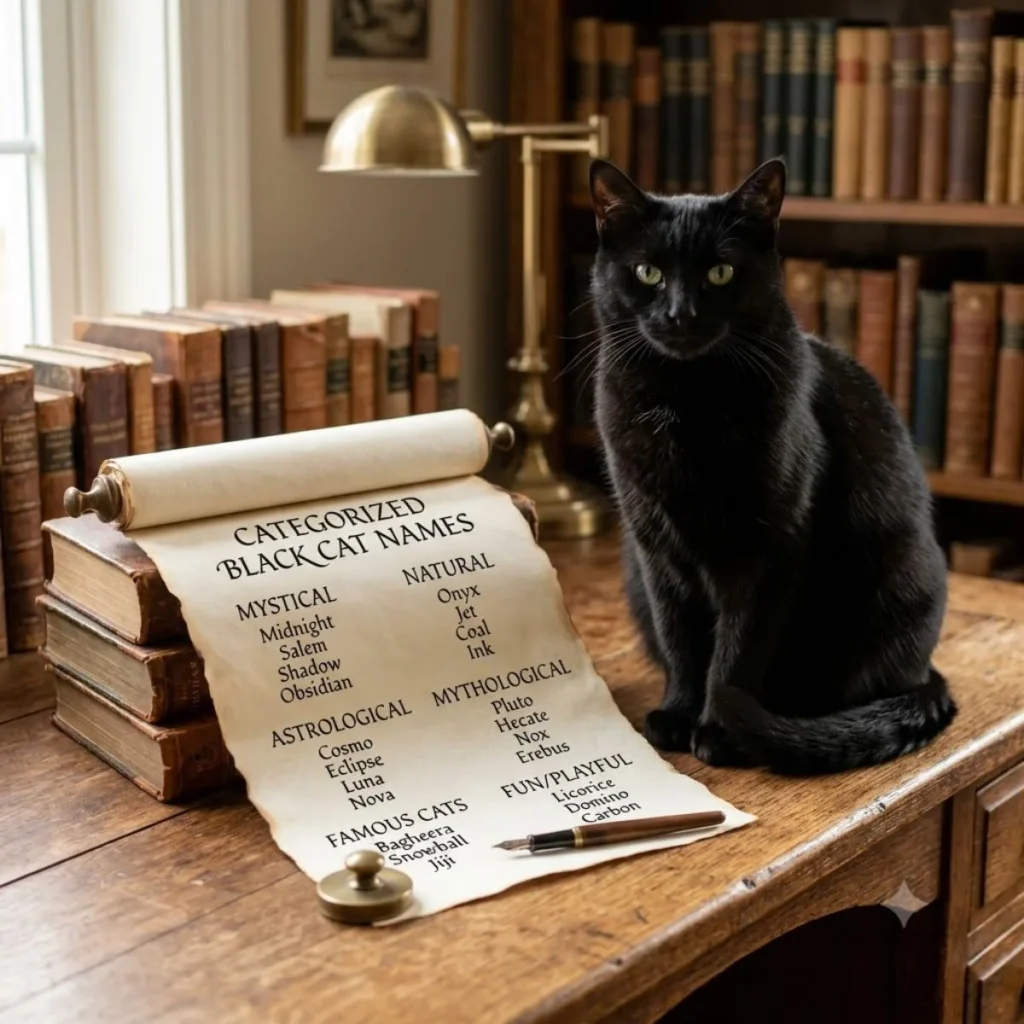 A black cat sits on a desk next to an unrolled scroll displaying categorized black cat names.