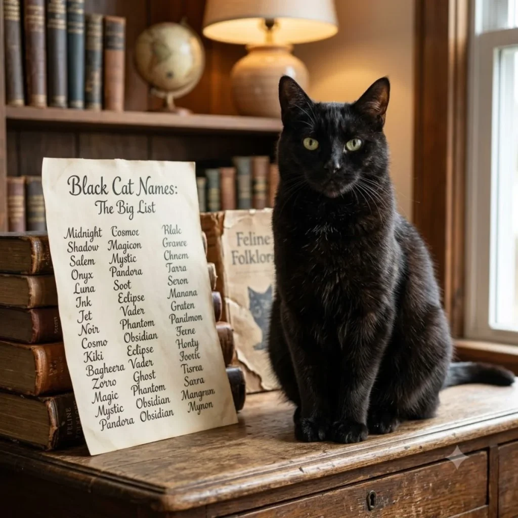 A sleek black cat sitting on a wooden desk next to a parchment paper list titled Black Cat Names The Big List.