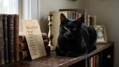 A sleek black cat with bright eyes sitting beside vintage books and a list of black cat names.