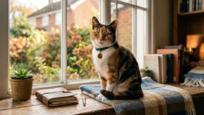 Calico cat with a blank gold tag sitting on a cozy window sill beside a leather notebook.
