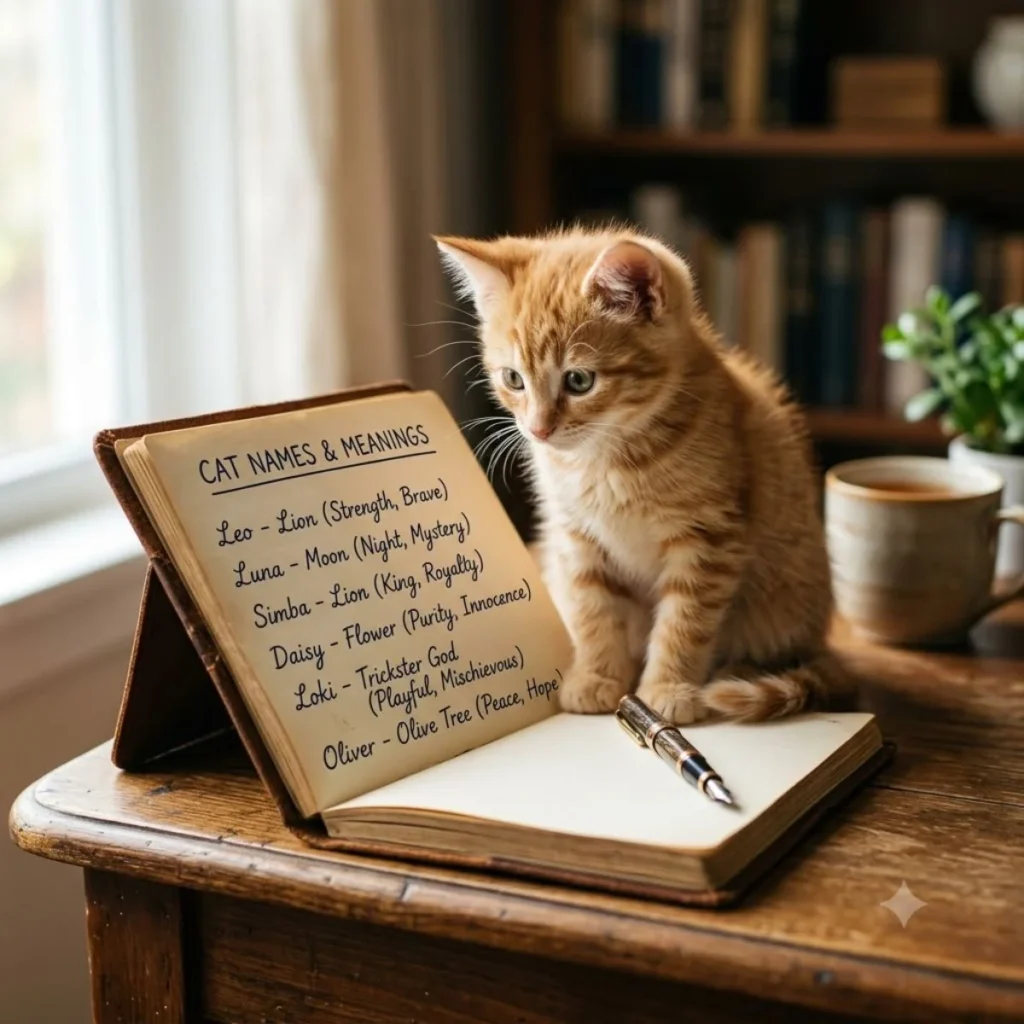 Small orange kitten sitting by an open journal showing cat names with meanings on a wooden desk.