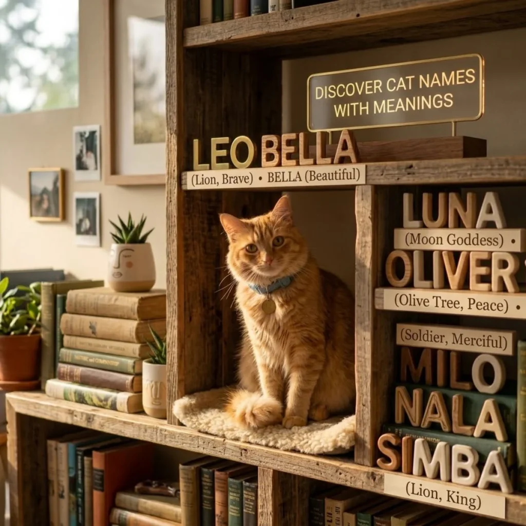 Orange cat sitting on a fleece mat in a wooden bookshelf surrounded by wooden letter blocks and name meanings.