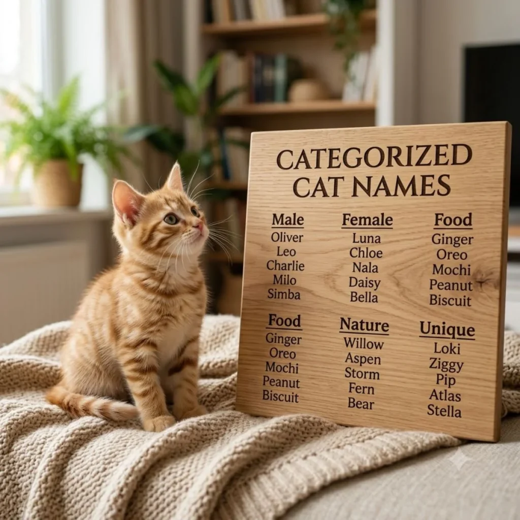 Cute orange kitten sitting on a knit blanket next to a wooden sign displaying categorized cat names in a cozy room.