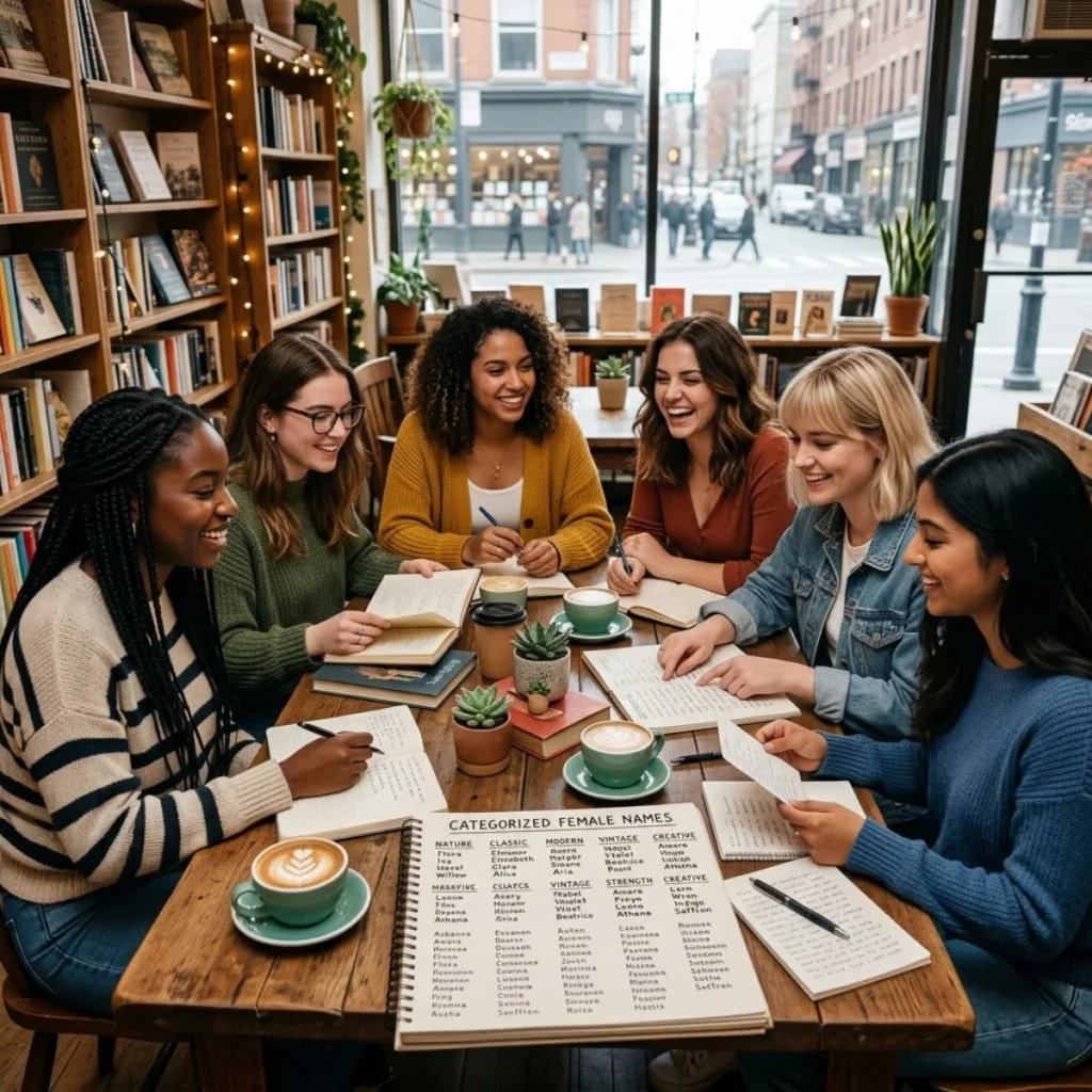 Six diverse women sitting at a cafe table studying a categorized female names list in notebooks.