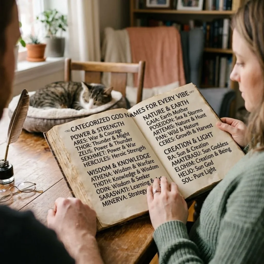 Couple holding an open vintage book of categorized god names for every vibe at a wooden table