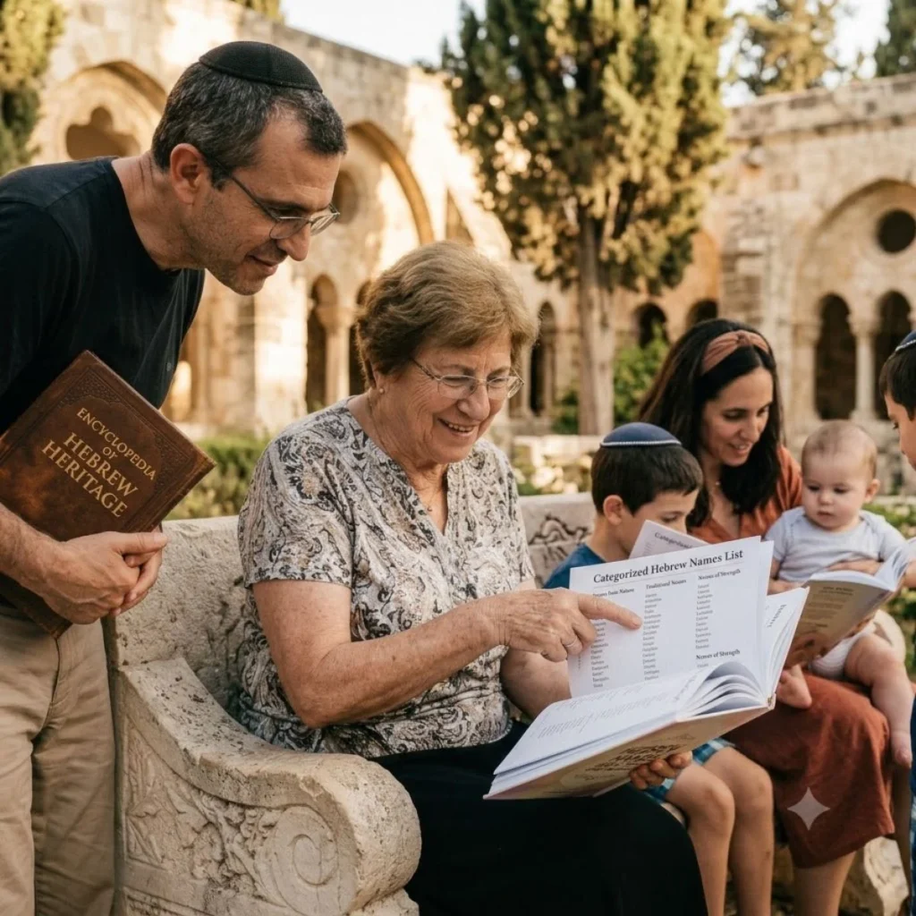 A woman pointing to a page titled Categorized Hebrew Names List while sitting with family in an old stone courtyard.