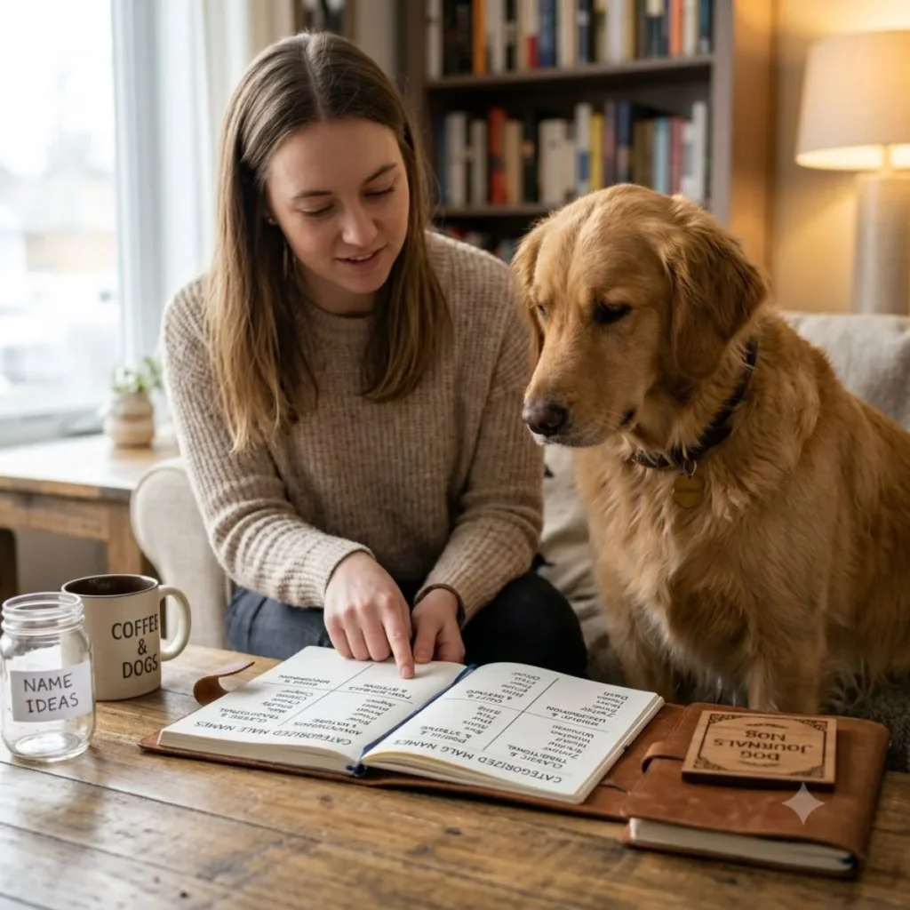 Woman pointing to organized lists in an open book while sitting beside a golden retriever indoors
