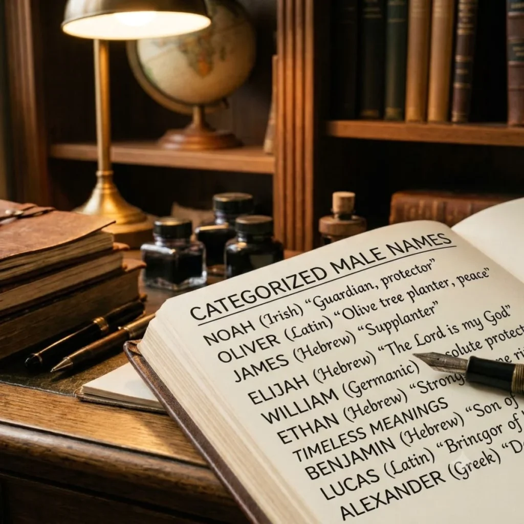 Open journal displaying a categorized male names list with origins and meanings on a wooden study desk.