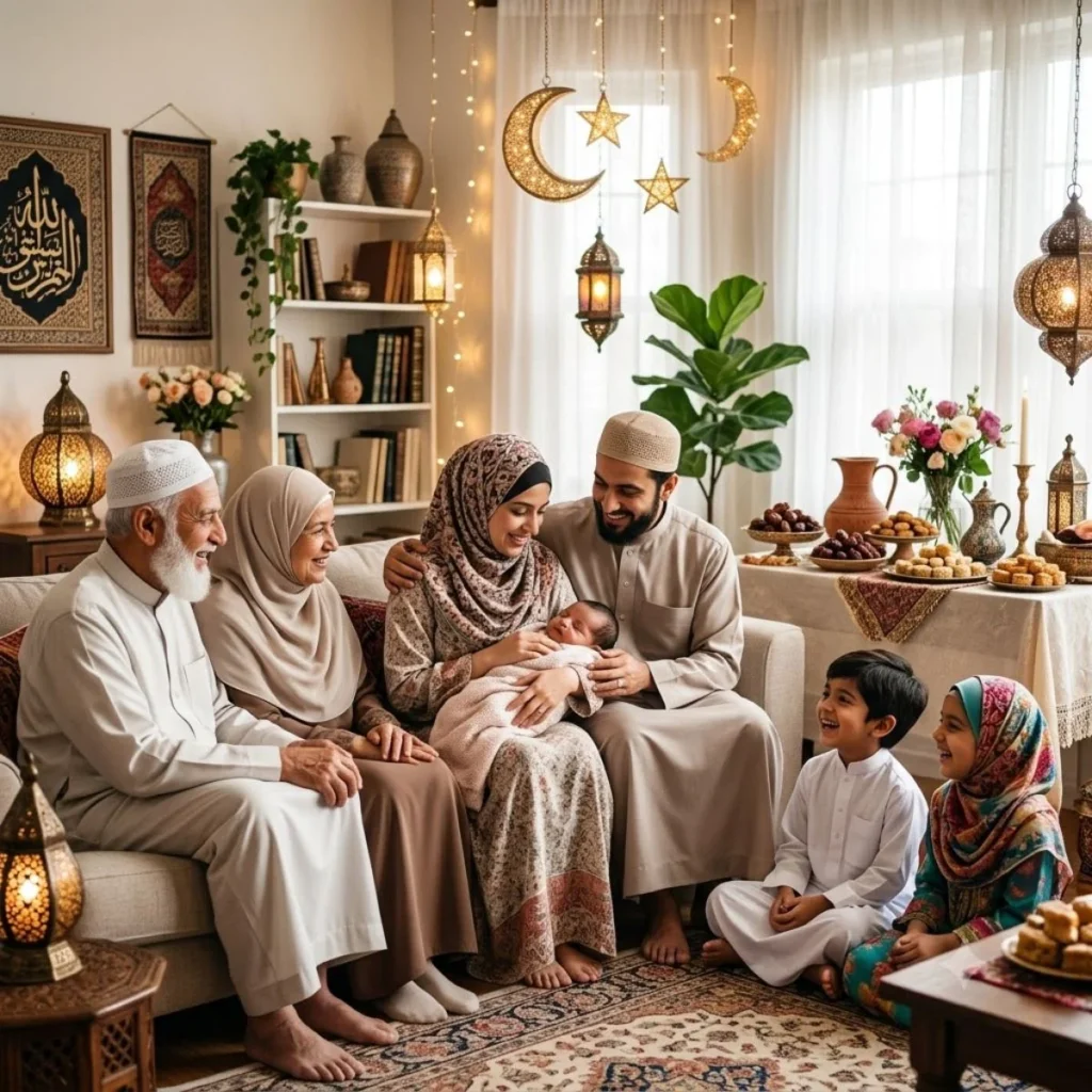 Muslim parents, grandparents, and smiling children gathered around a sleeping newborn baby in a decorated room