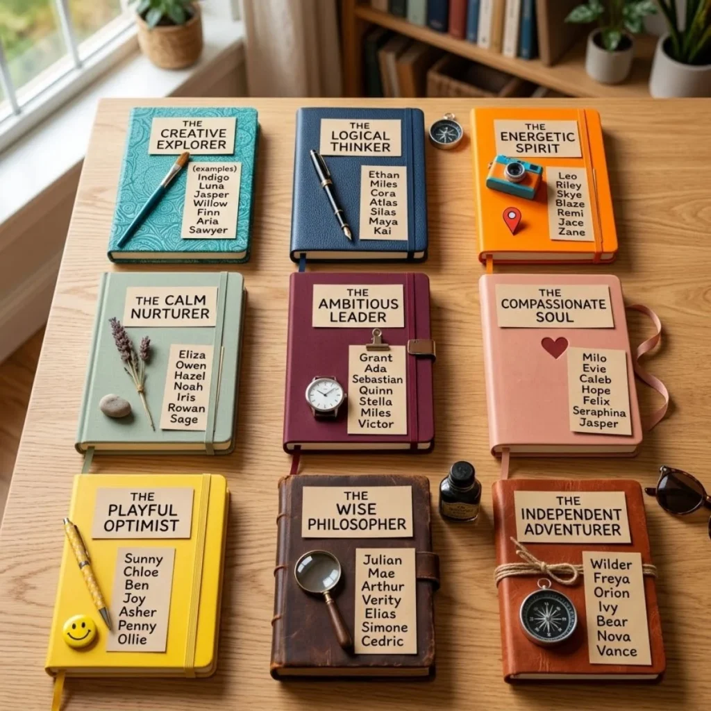 Flat lay of colorful journals displaying lists of names organized by personality traits.