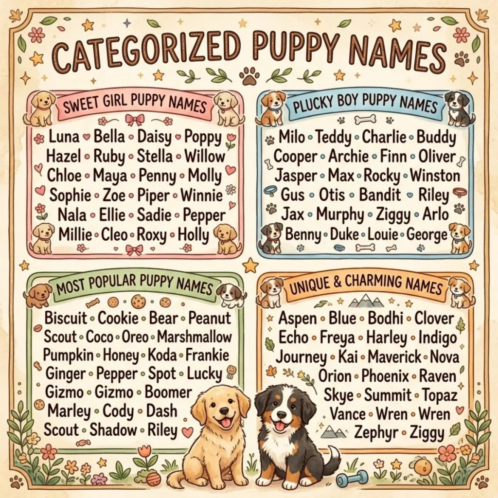 Two cute puppies sitting below four organized boxes of categorized puppy names with sweet, popular, and unique ideas
