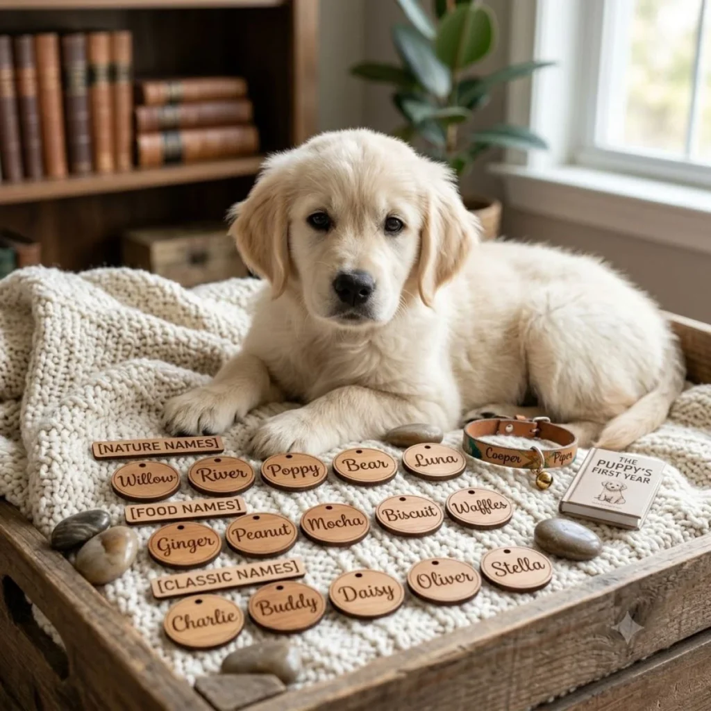 Golden retriever puppy surrounded by categorized wooden name tags for nature, food, and classic puppy names