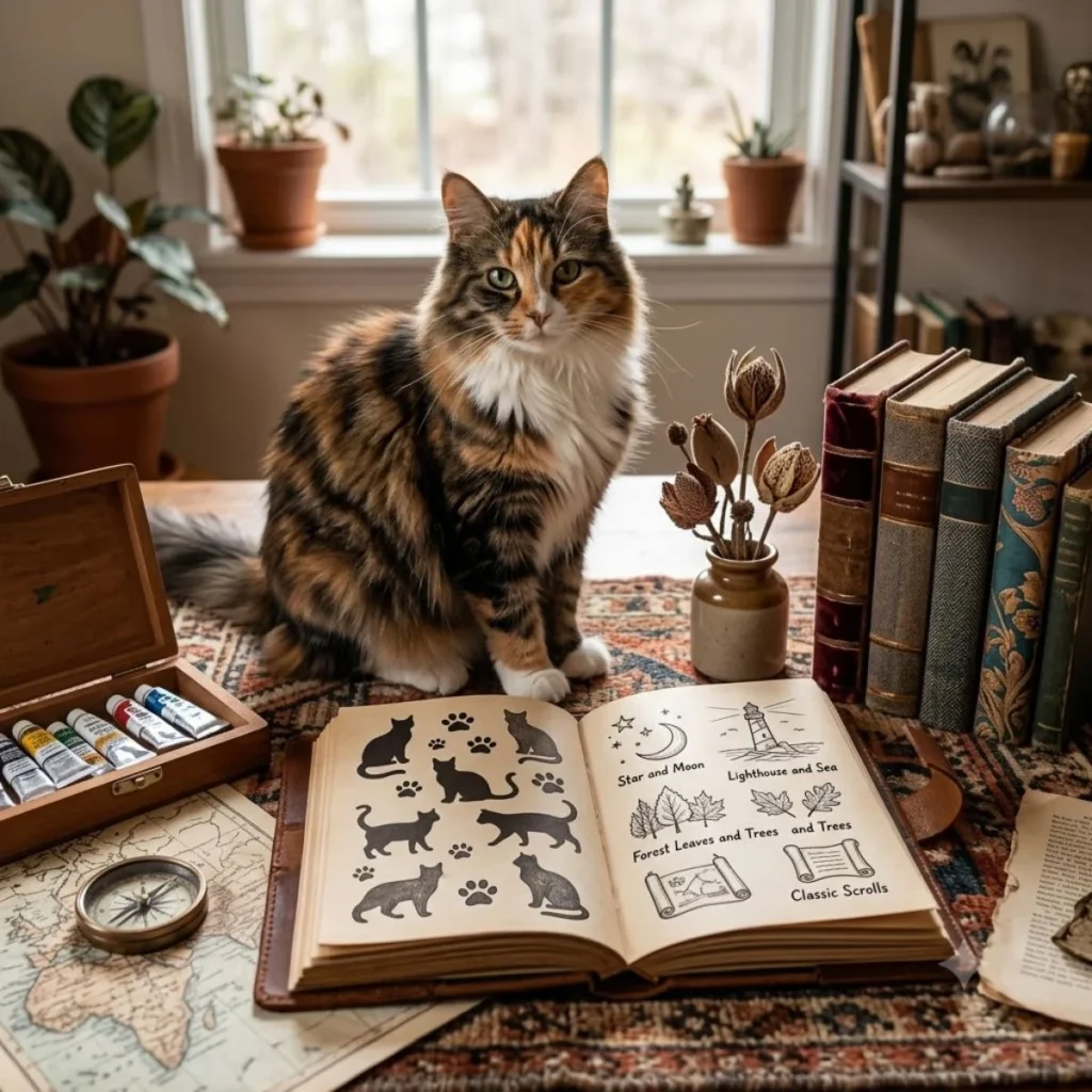 Fluffy calico cat sitting on a wooden desk next to an open book with category sketches and vintage books.