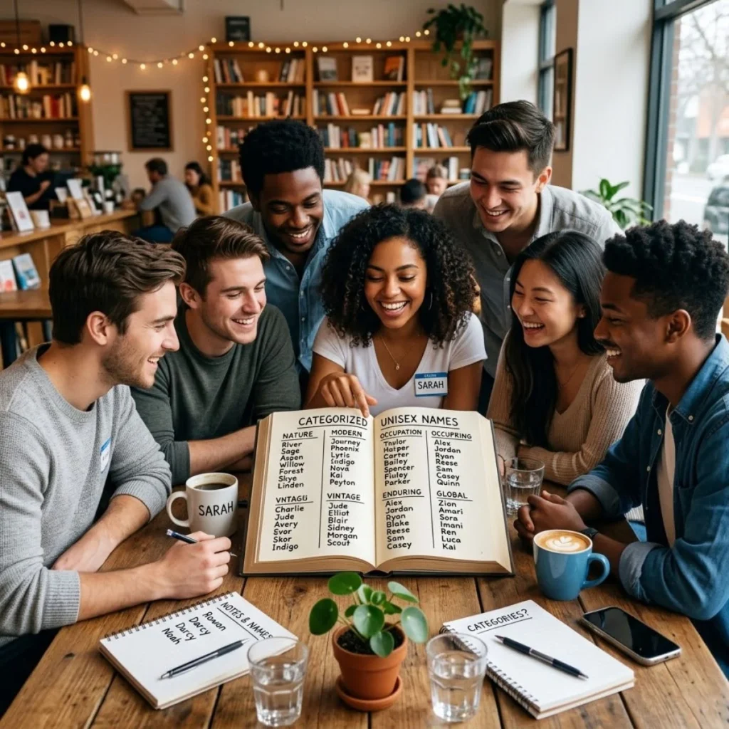Smiling friends gathered around a book titled Categorized Unisex Names on a wooden cafe table.