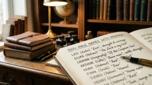 Open vintage leather journal displaying handwritten male names and their meanings on a warm wooden desk.