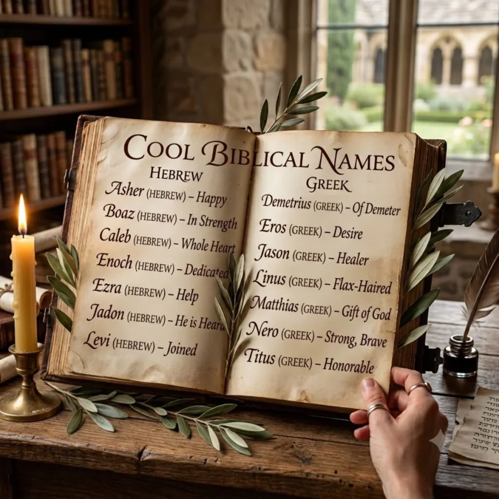 An open old book displaying cool biblical names in Hebrew and Greek on a wooden desk with a lit candle and quill.