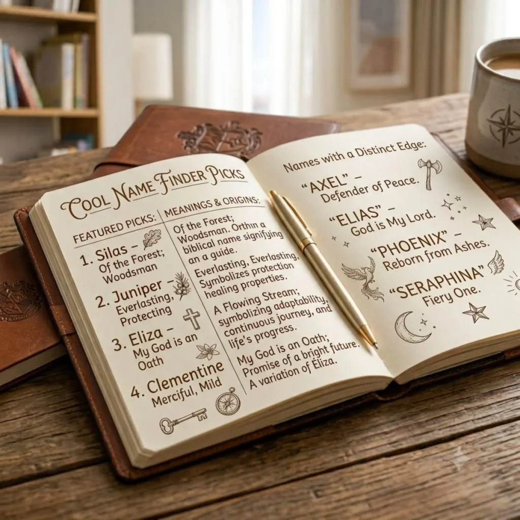 Open leather journal showcasing cool names, meanings, and small hand-drawn icons on a rustic wooden desk with a gold pen