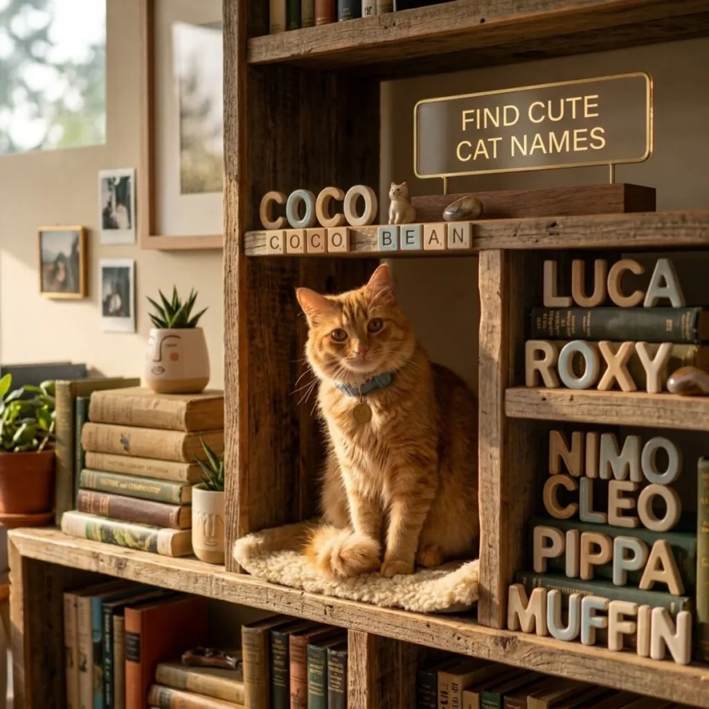 Orange cat resting inside a wooden bookshelf surrounded by cute cat name letter blocks.