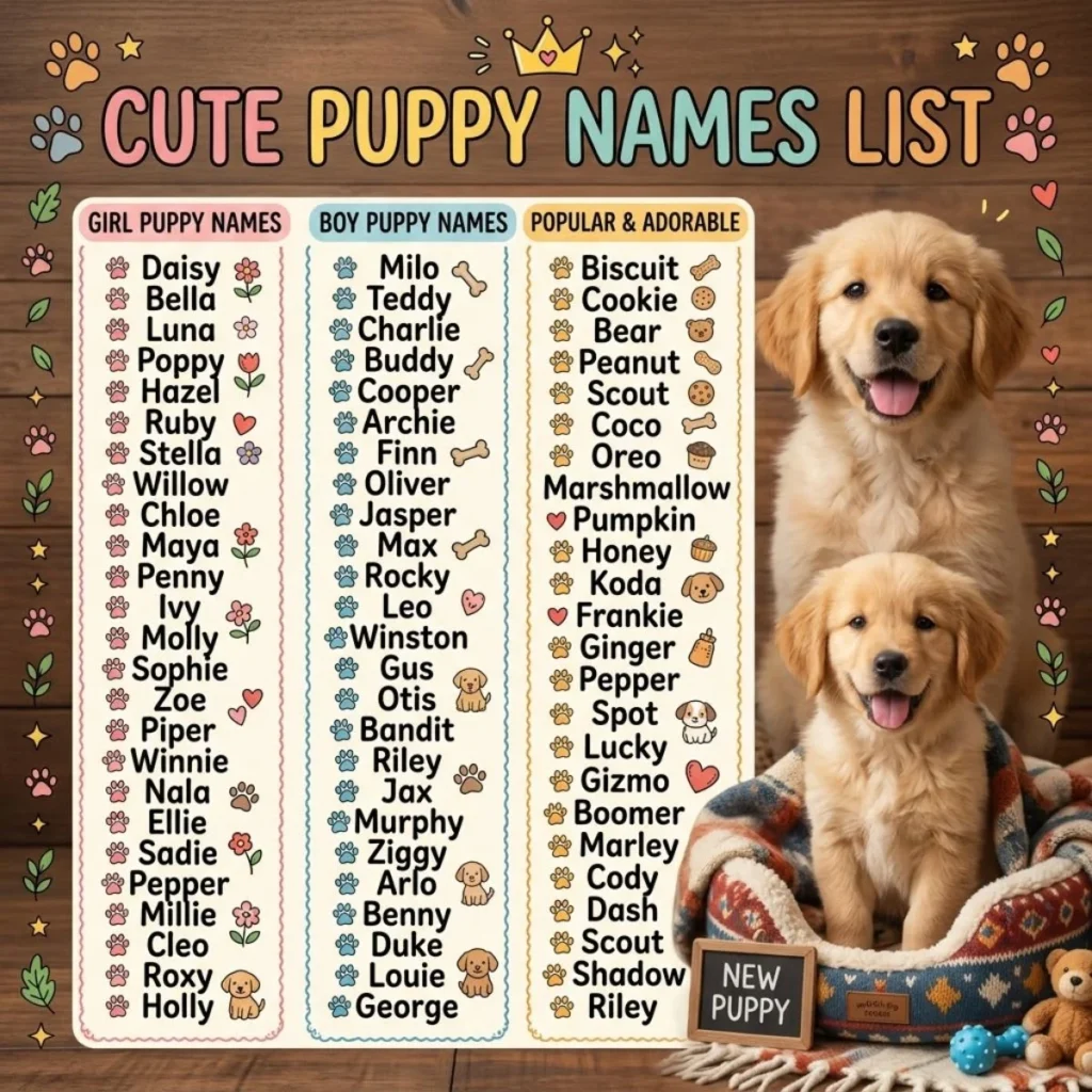 Two cute golden retriever puppies sitting next to a colorful list of girl, boy, and popular puppy names