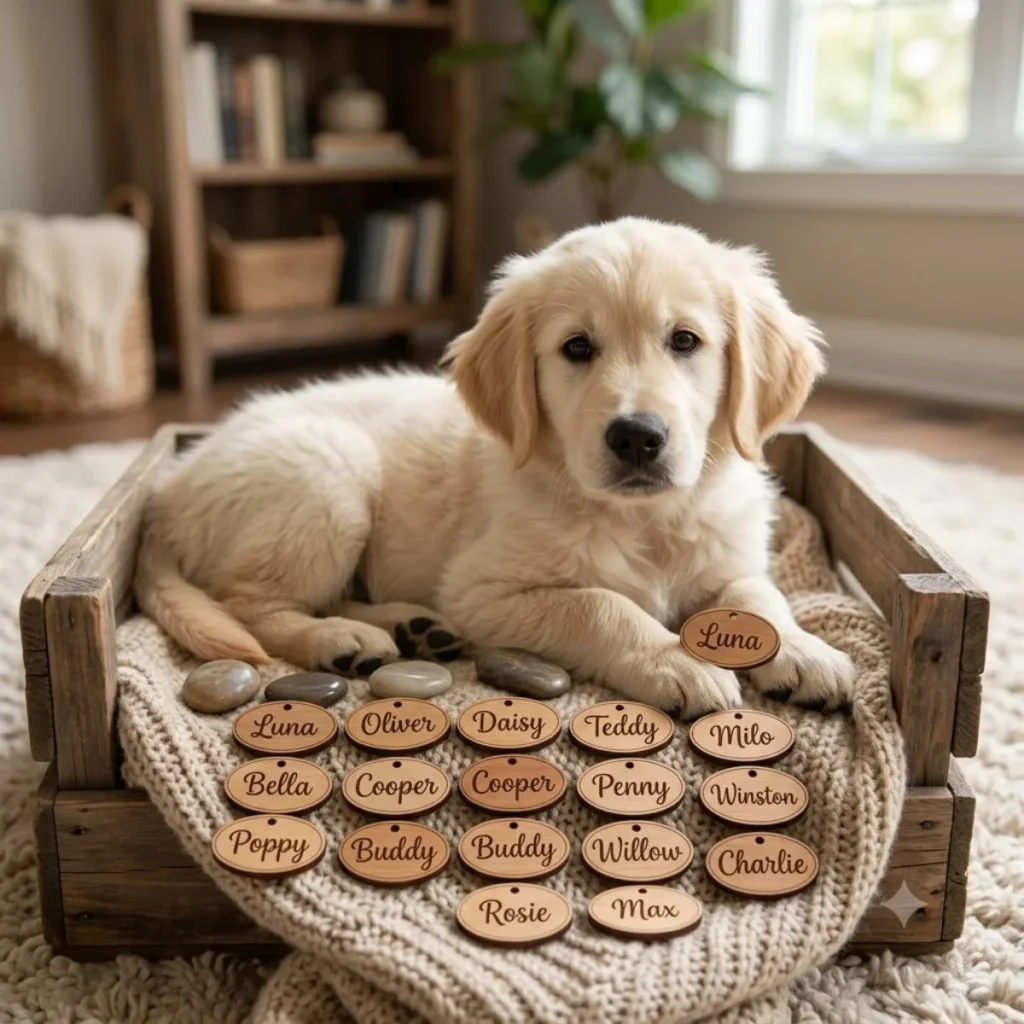 Golden retriever puppy lying in a wooden box surrounded by engraved pet name tags on a knitted blanket