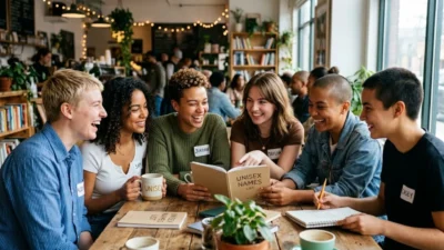 Diverse friends smiling around a wooden cafe table while reading a book labeled Unisex Names List.