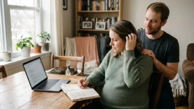 Expectant parents sitting together by a laptop researching powerful god names with meanings for their baby.