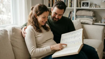 A smiling pregnant woman and her partner sit on a couch reading a handwritten list of unique baby names in a notebook.