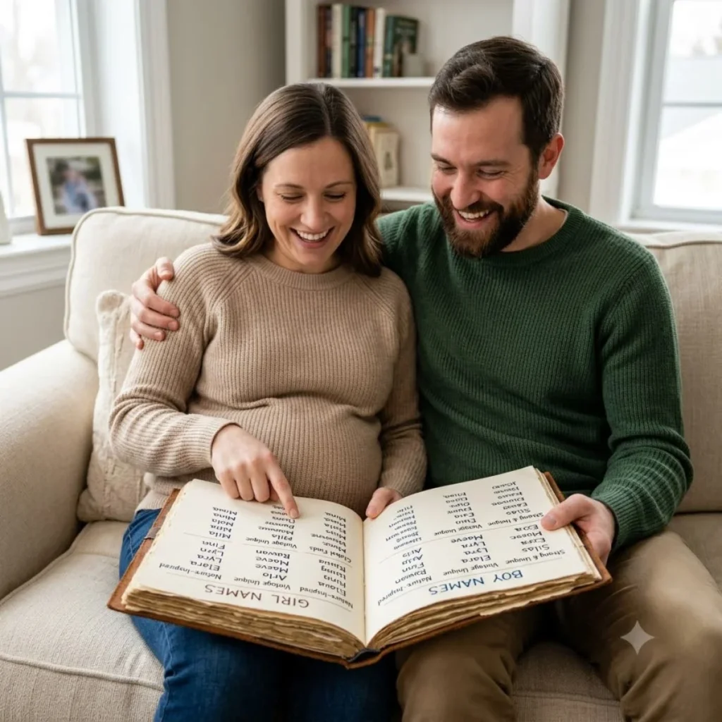 A pregnant woman and her partner sit on a couch smiling as they browse categorized unique names in a notebook.