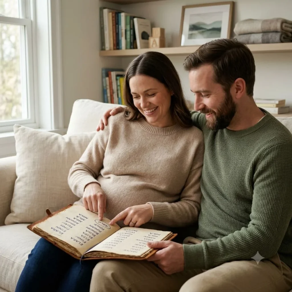 A smiling pregnant woman and her partner sitting together on a couch while pointing to a unique baby names list in a journal.