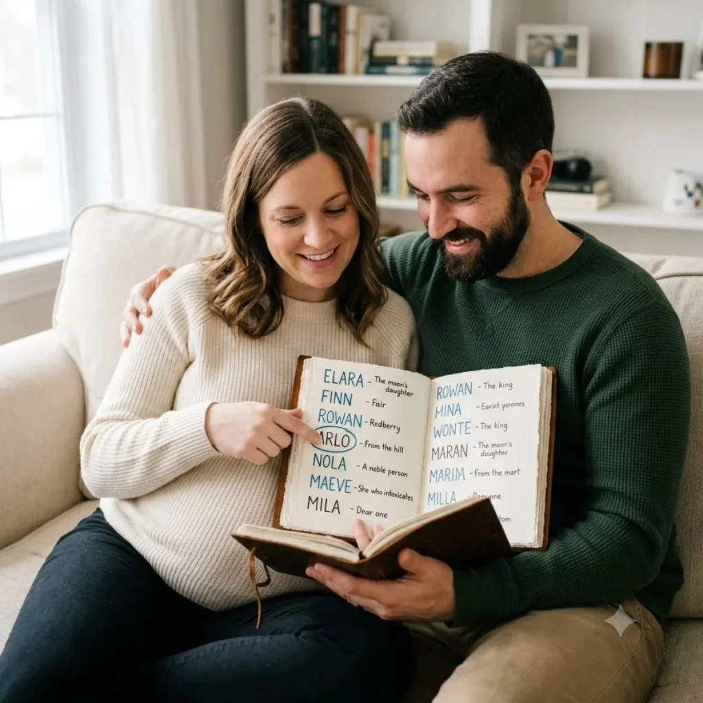 A pregnant woman and her partner looking at a journal displaying unique baby names with meanings on a cozy sofa.