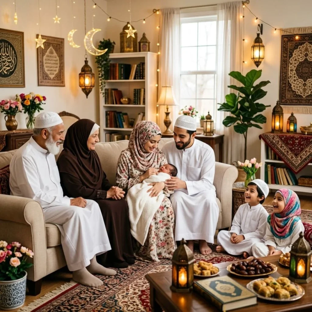 Muslim parents and grandparents loving on a newborn baby with laughing children seated nearby