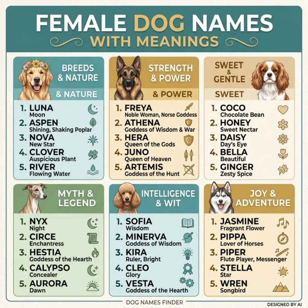 Infographic chart listing female dog names with meanings across categories alongside illustrated dog breeds.