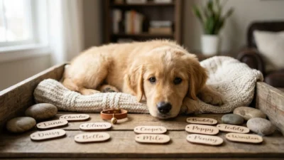 A golden retriever puppy lies near personalized wooden pet tags on a rustic table