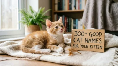 Small orange tabby kitten resting on a blanket next to a wooden sign with cat names for your kitten text.