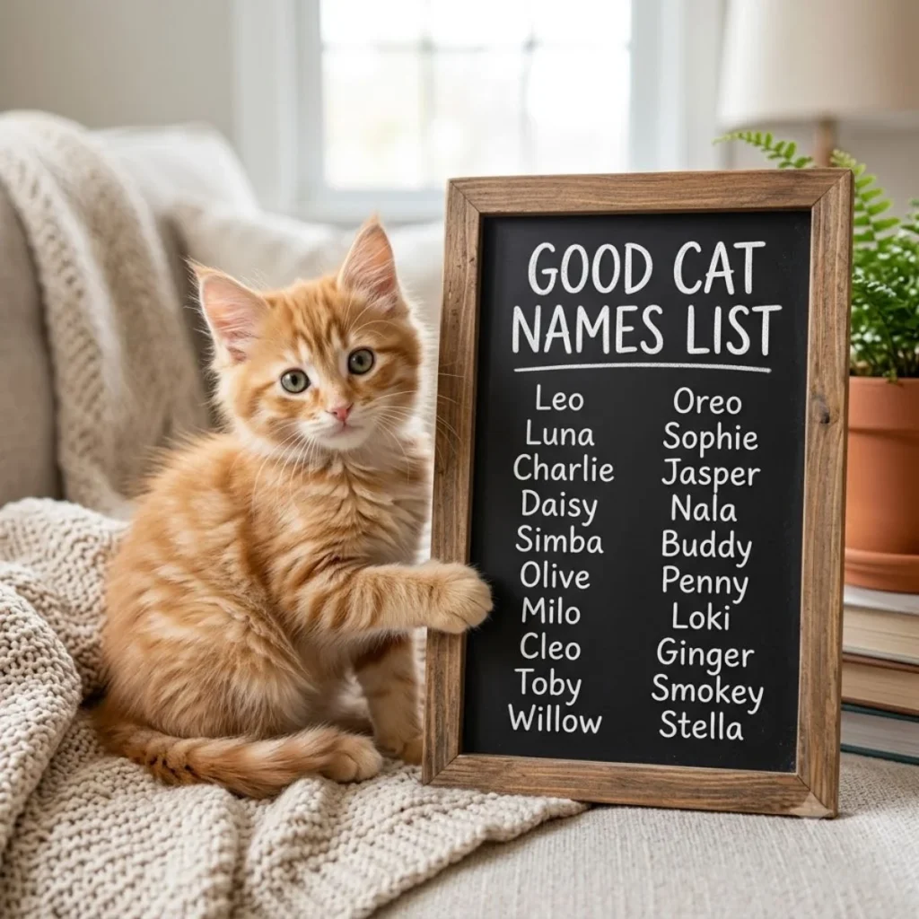 Cute ginger kitten posing next to a framed chalkboard displaying a good cat names list in a cozy room.